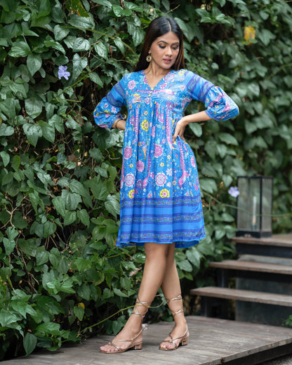 Blue Floral Printed Casual Dress - Yarn & Darn