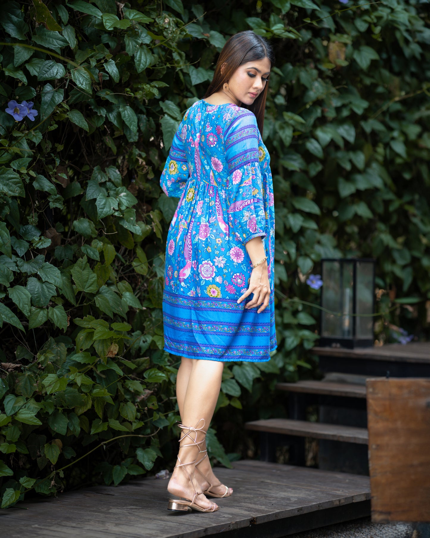 Blue Floral Printed Casual Dress - Yarn & Darn