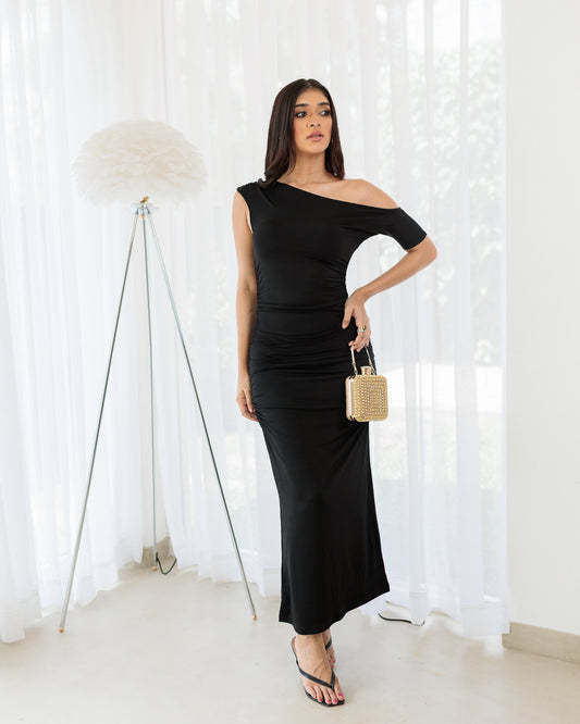 One Shoulder Side Seam Gathered Dress