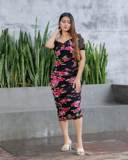 Off Shoulder Ruched Floral Dress