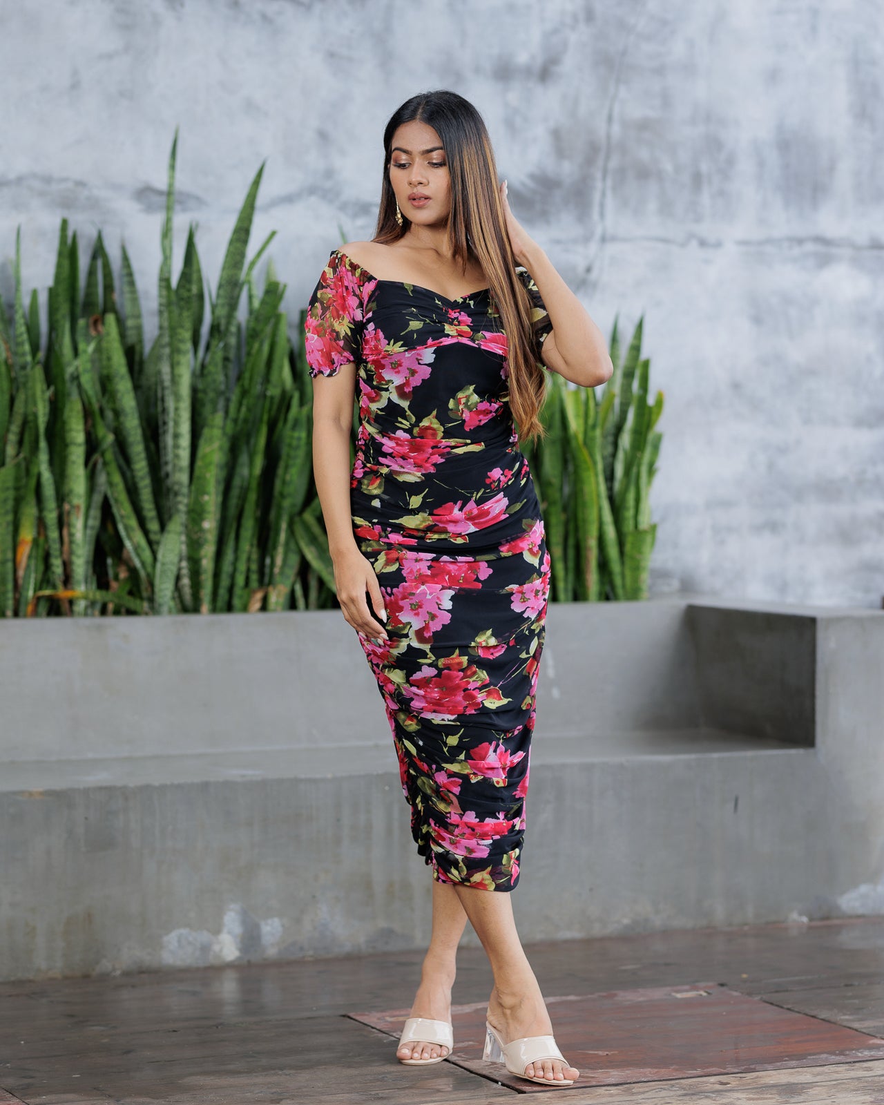 Off Shoulder Ruched Floral Dress