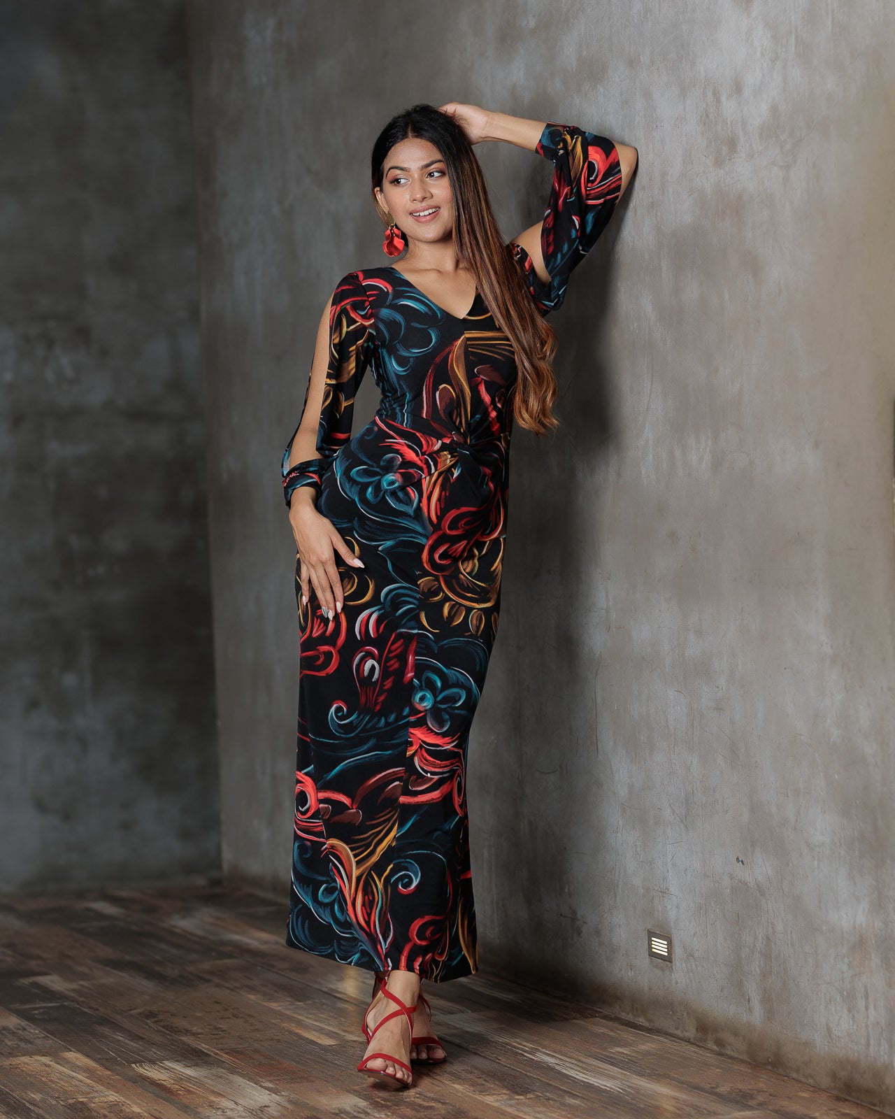 Front Knot Long Sleeve Printed Dress