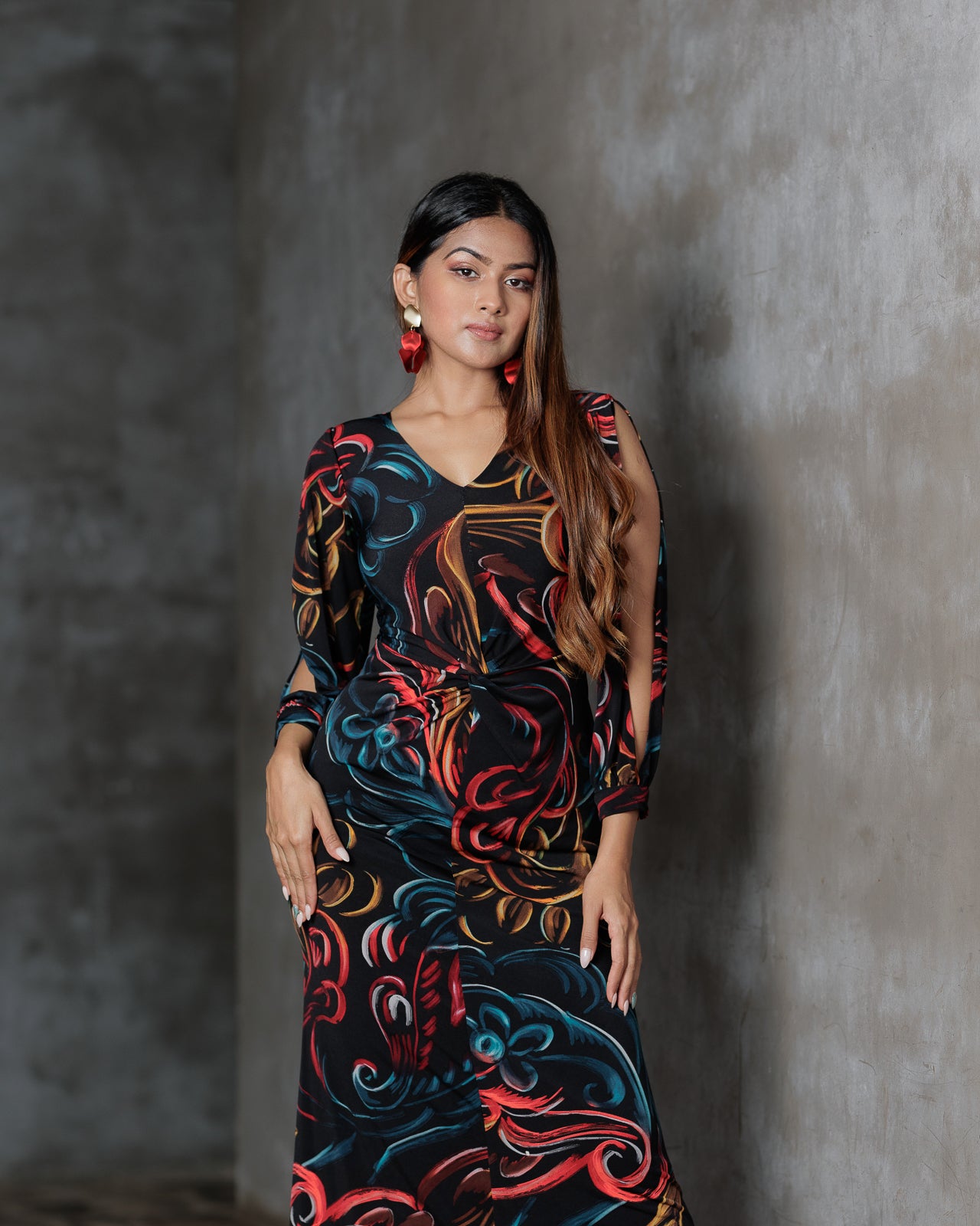 Front Knot Long Sleeve Printed Dress