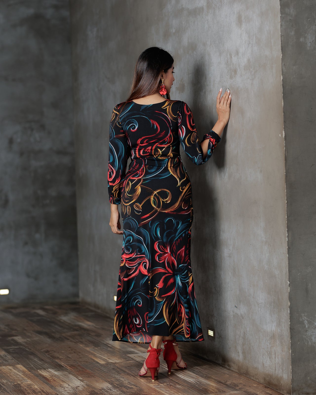 Front Knot Long Sleeve Printed Dress