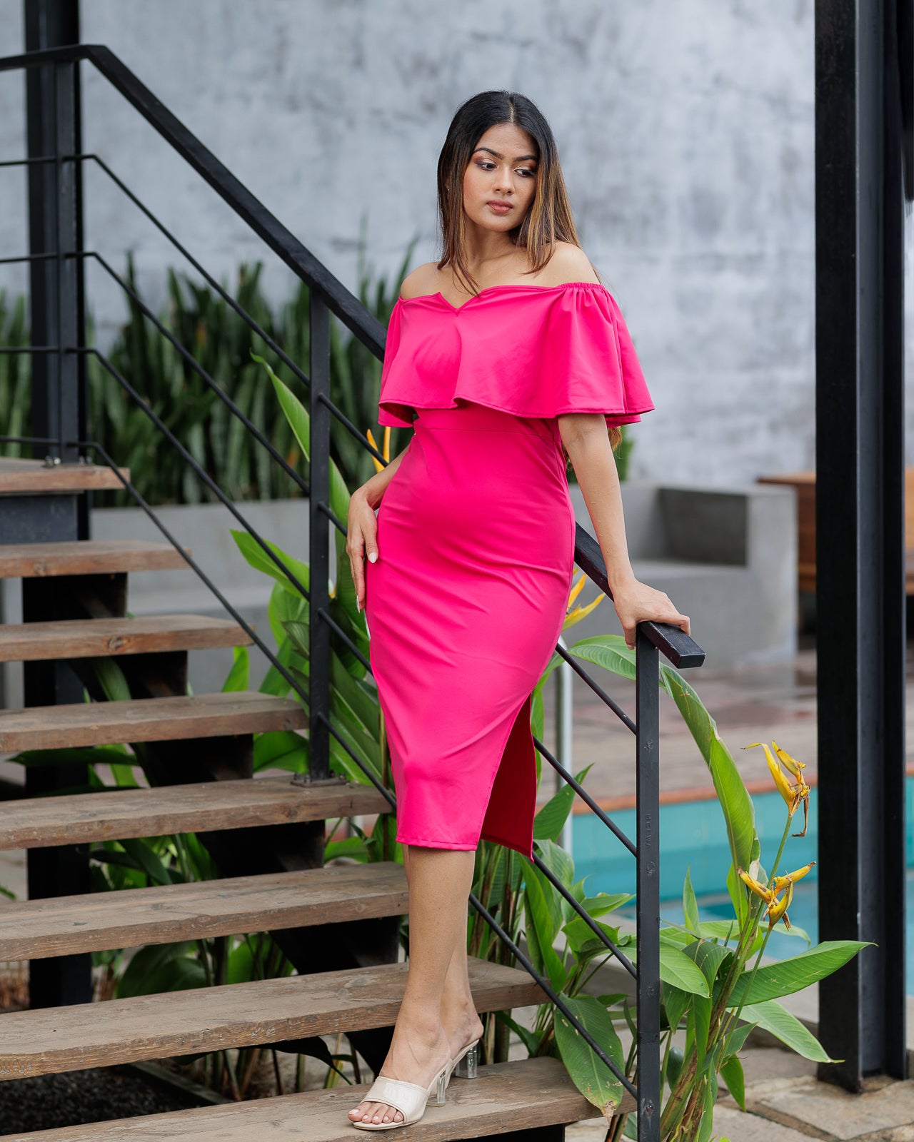 Off Shoulder Ruffle Trim Bodycon Dress