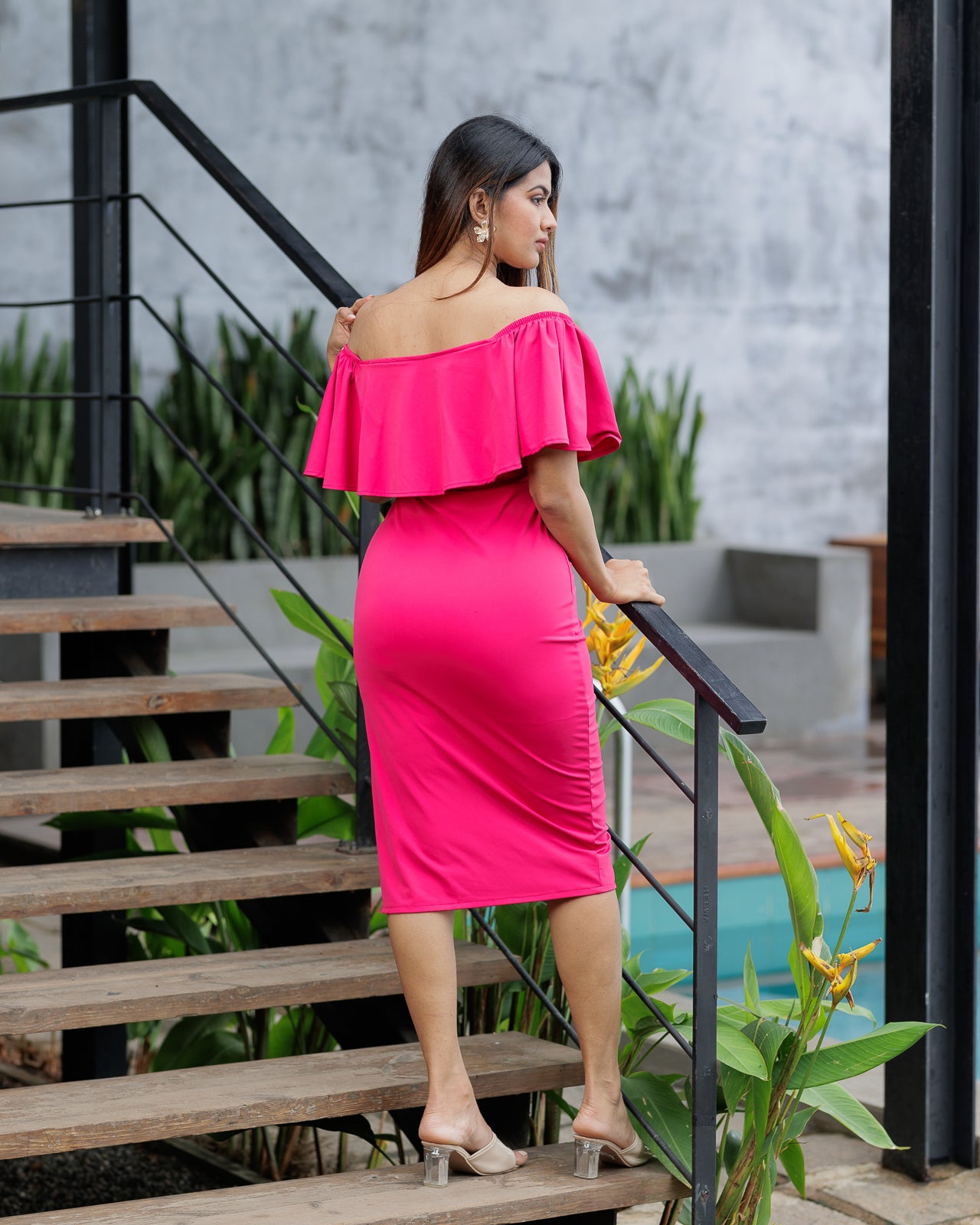 Off Shoulder Ruffle Trim Bodycon Dress