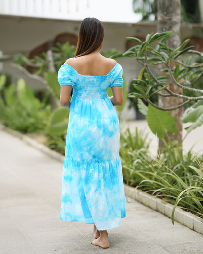 Neck Gathered Tie-Dye Maxi Dress