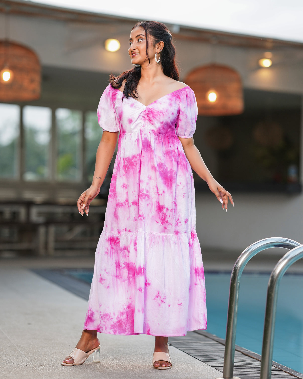 Neck Gathered Tie-Dye Maxi Dress