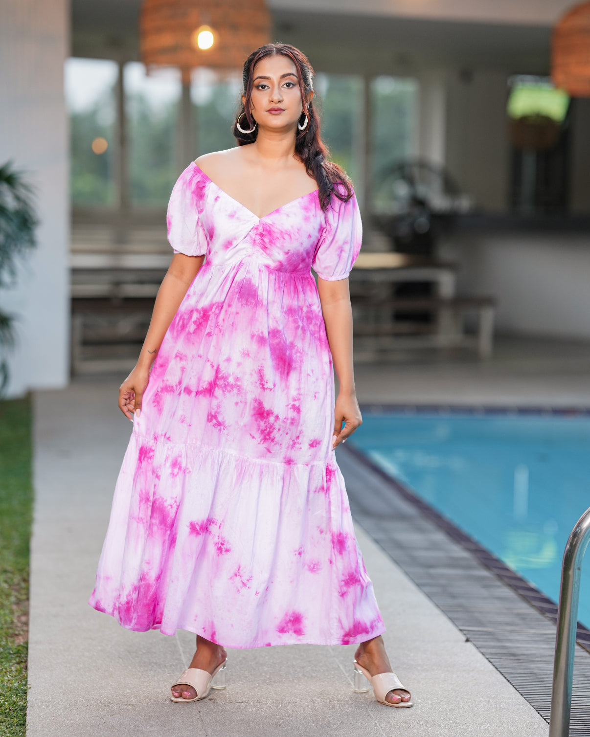 Neck Gathered Tie-Dye Maxi Dress