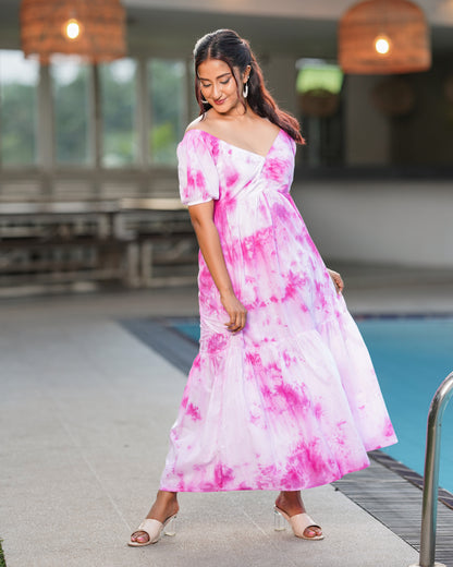 Neck Gathered Tie-Dye Maxi Dress