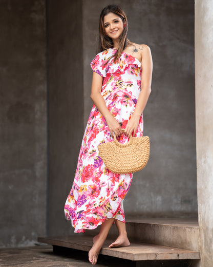 One-shoulder Floral Printed Dress