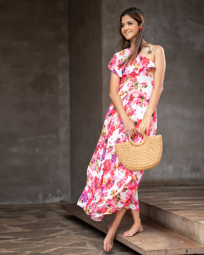 One-shoulder Floral Printed Dress