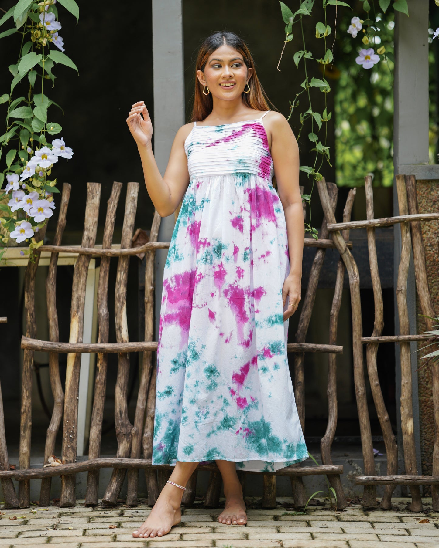 Tie-Dye Strappy Pintuck Maxi Dress