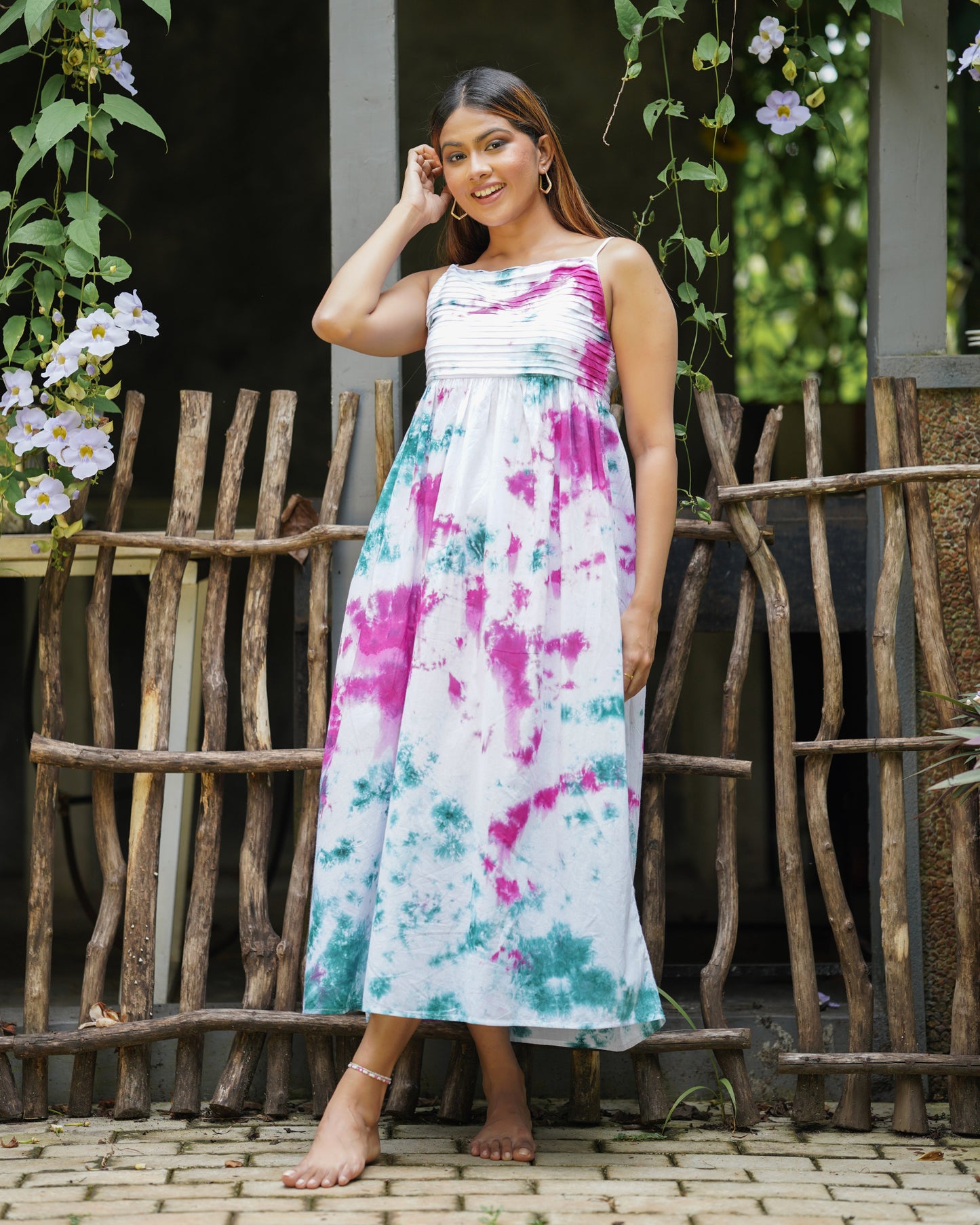 Tie-Dye Strappy Pintuck Maxi Dress