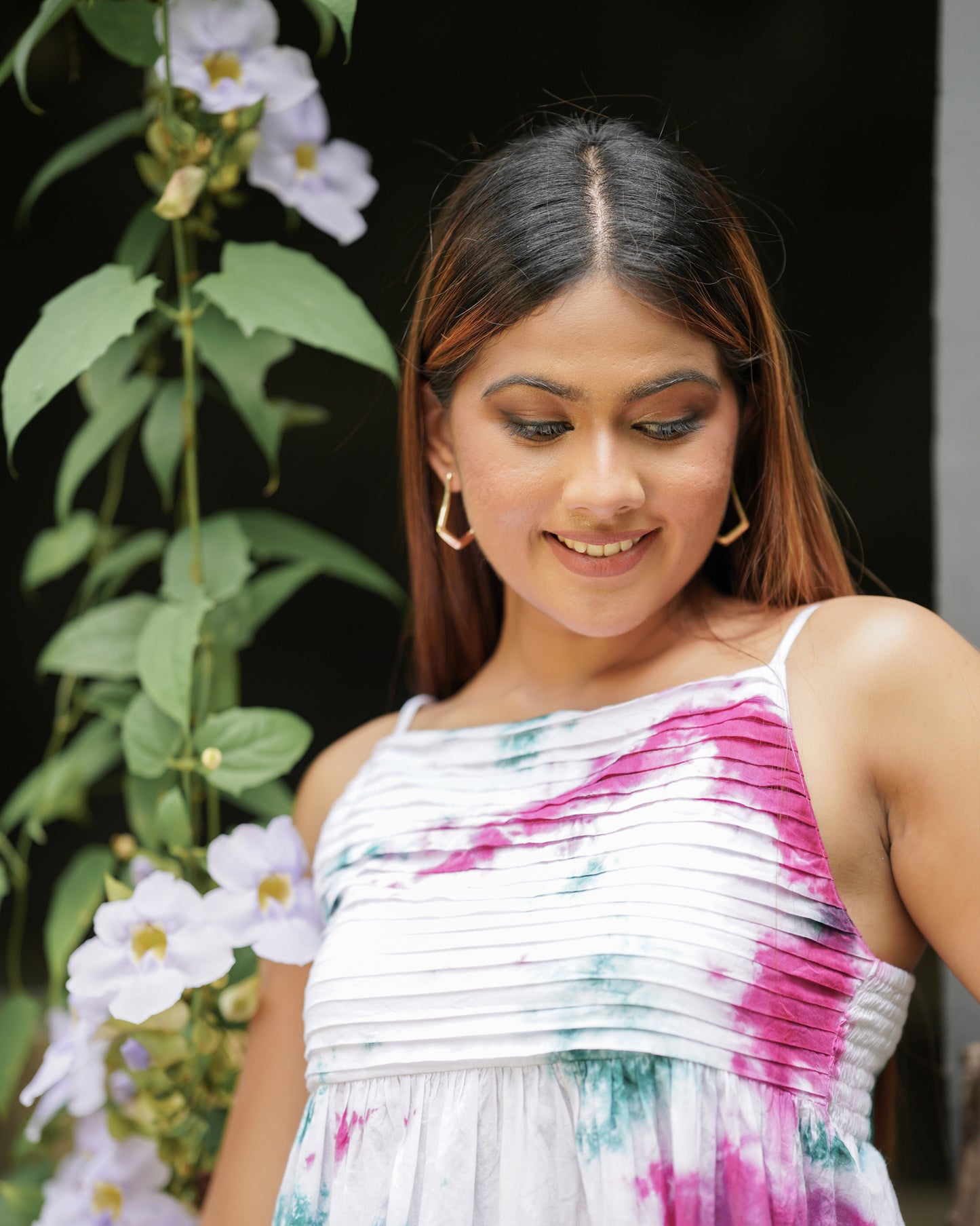 Tie-Dye Strappy Pintuck Maxi Dress