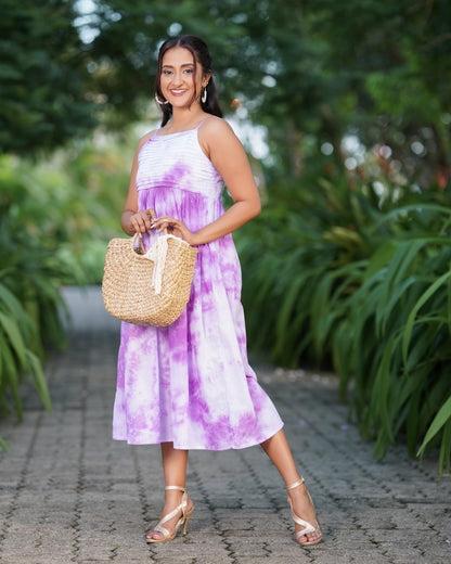 Tie-Dye Strappy Pintuck Maxi Dress