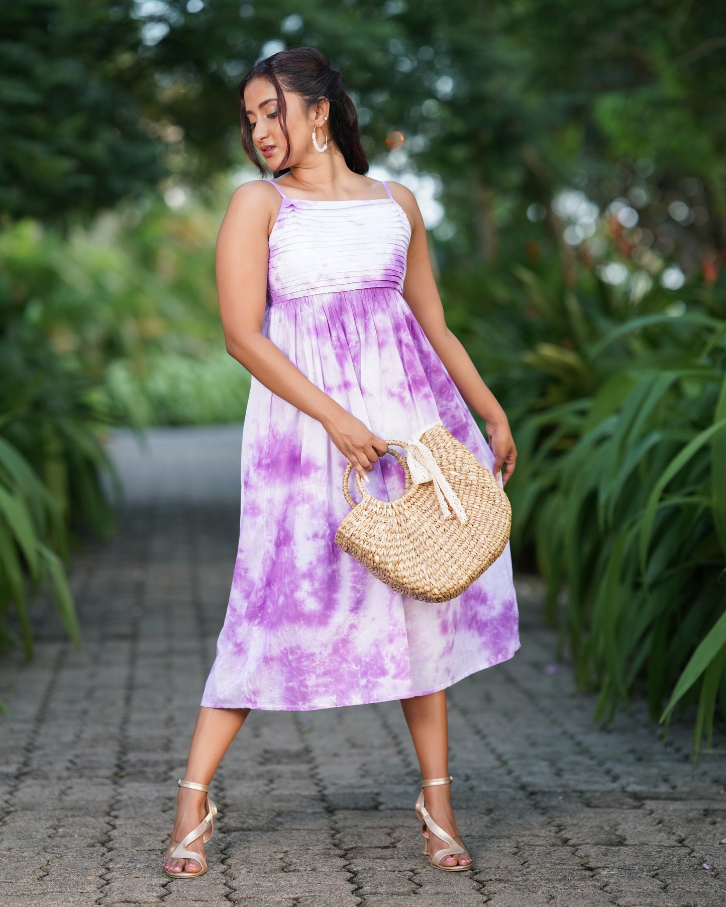 Tie-Dye Strappy Pintuck Maxi Dress